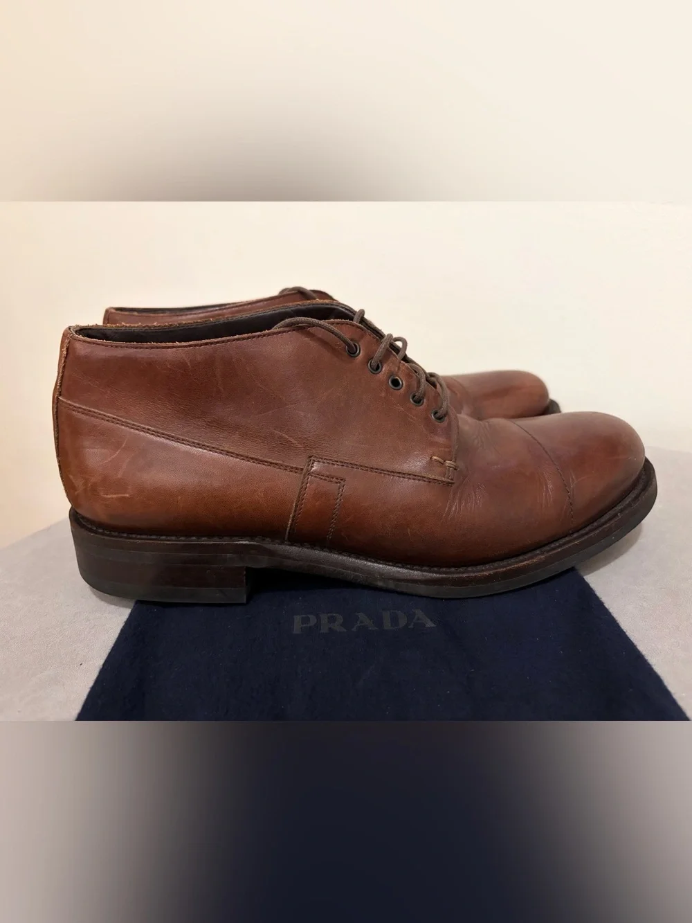 Vintage Prada Men’s Brown Leather Chukka Boots with Lace-Up Size: 8.5